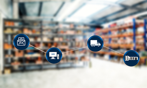 Zum vollständigen BAHCO Sortiment für Hydraulik- und Druckluftwerkzeuge Grafische Icons für Logistik und Industrie über einem unscharfen Lagerhintergrund als Link zum BAHCO Lieferprogramm.